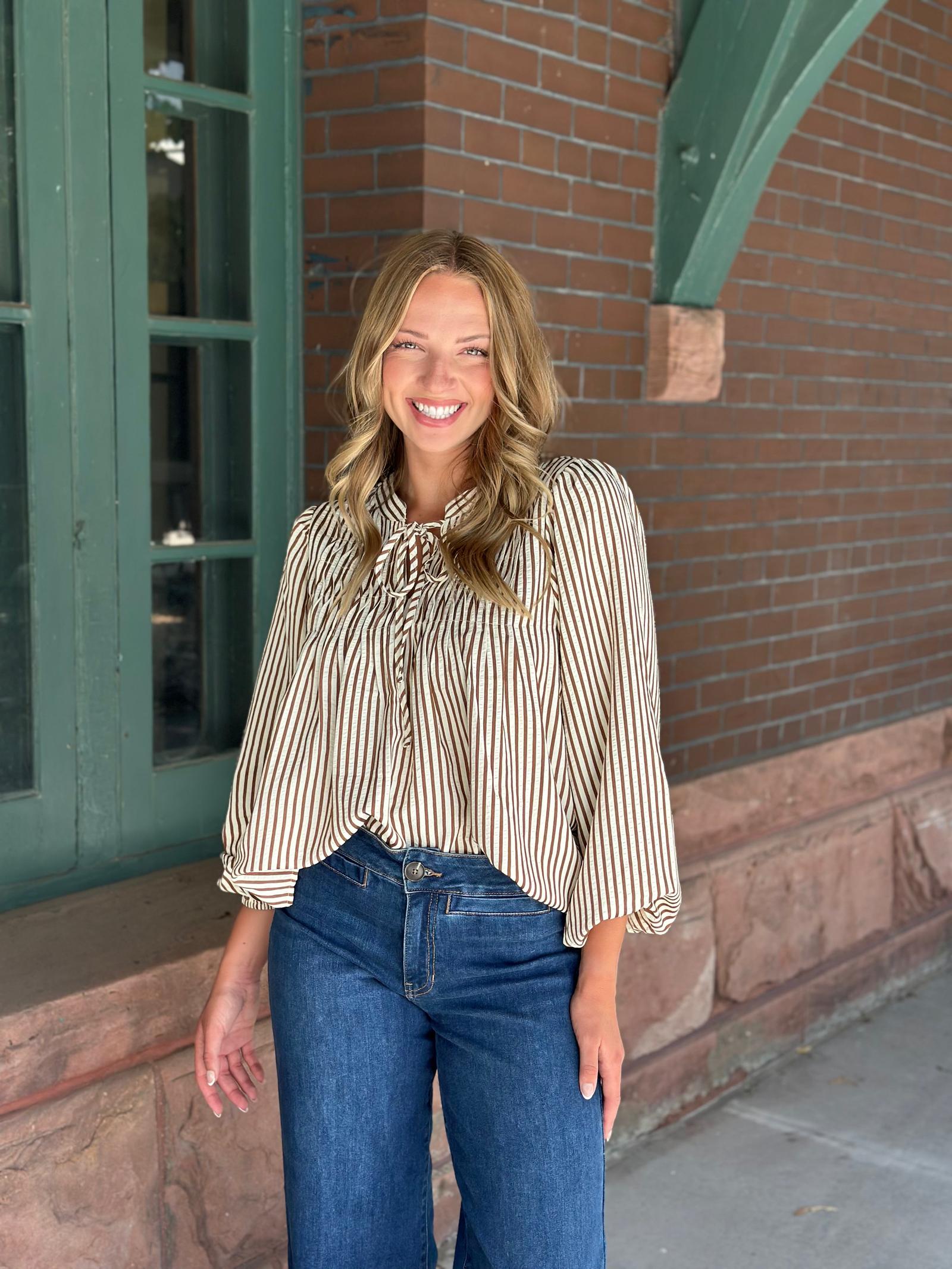 Long Sleeve Front Tie Pintuck Top | Stripe Lightweight Blouse 