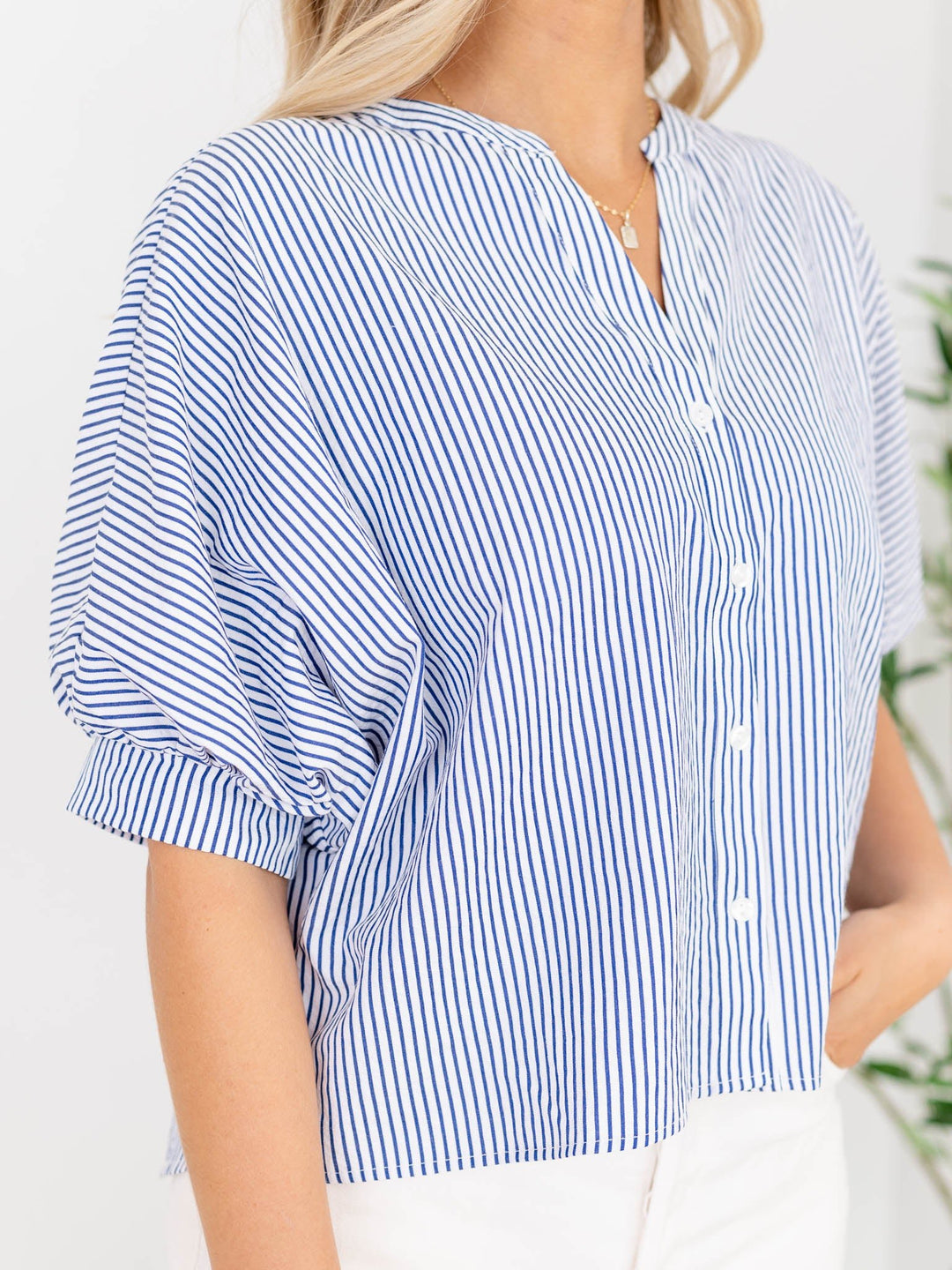 Allie Rose Easy Pinstripe Button Front BlouseWoven tops