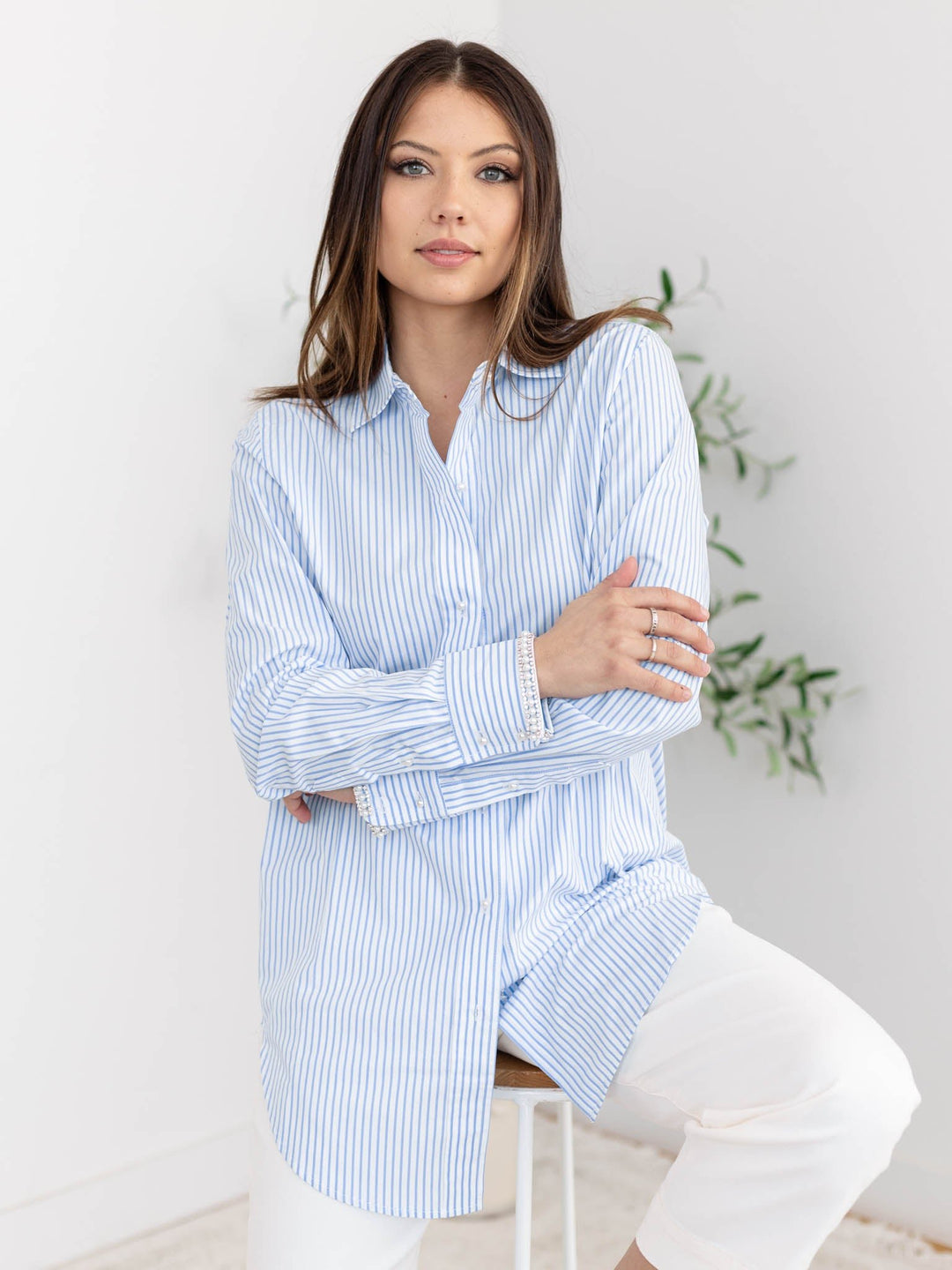 Generation Love Fiore Embellished Pinstripe ShirtWoven tops