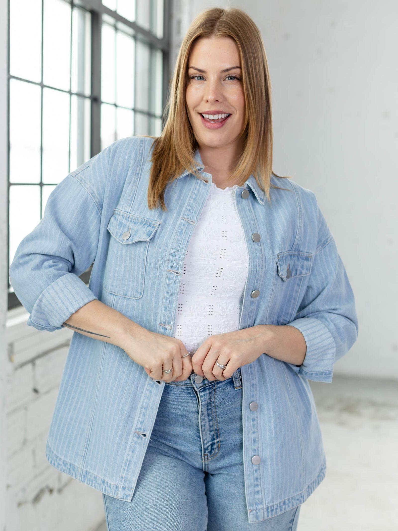 RISEN Oversized Stripe Denim Jacket | Long Length | Leela and Lavender