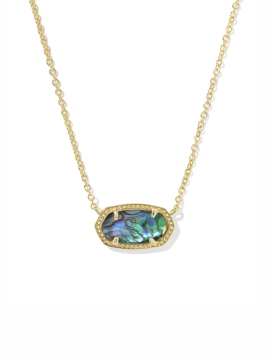 A gold chain necklace with an oval abalone shell pendant, featuring iridescent green, blue, and purple hues set in a gold bezel, shown against a plain white background.