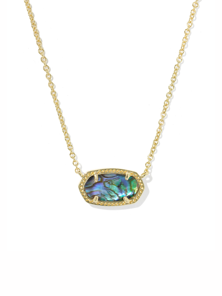A gold chain necklace with an oval abalone shell pendant, featuring iridescent green, blue, and purple hues set in a gold bezel, shown against a plain white background.