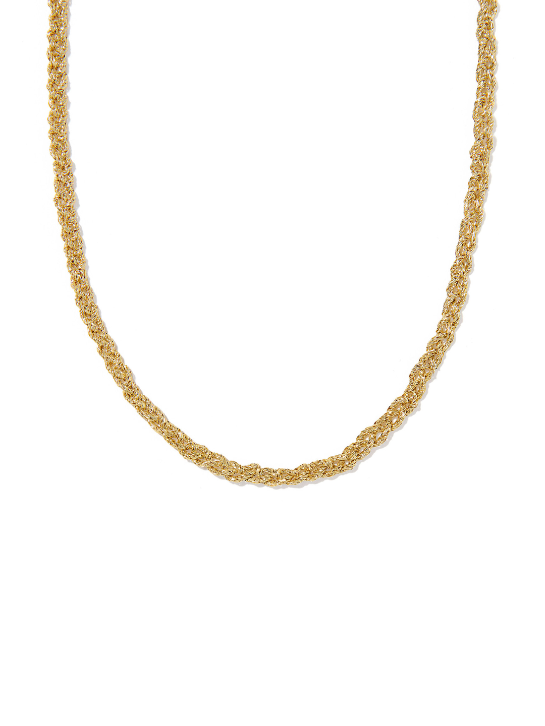 A gold chain necklace with a textured, woven or braided appearance, displayed against a solid white background.