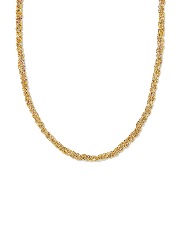A gold chain necklace with a textured, woven or braided appearance, displayed against a solid white background.