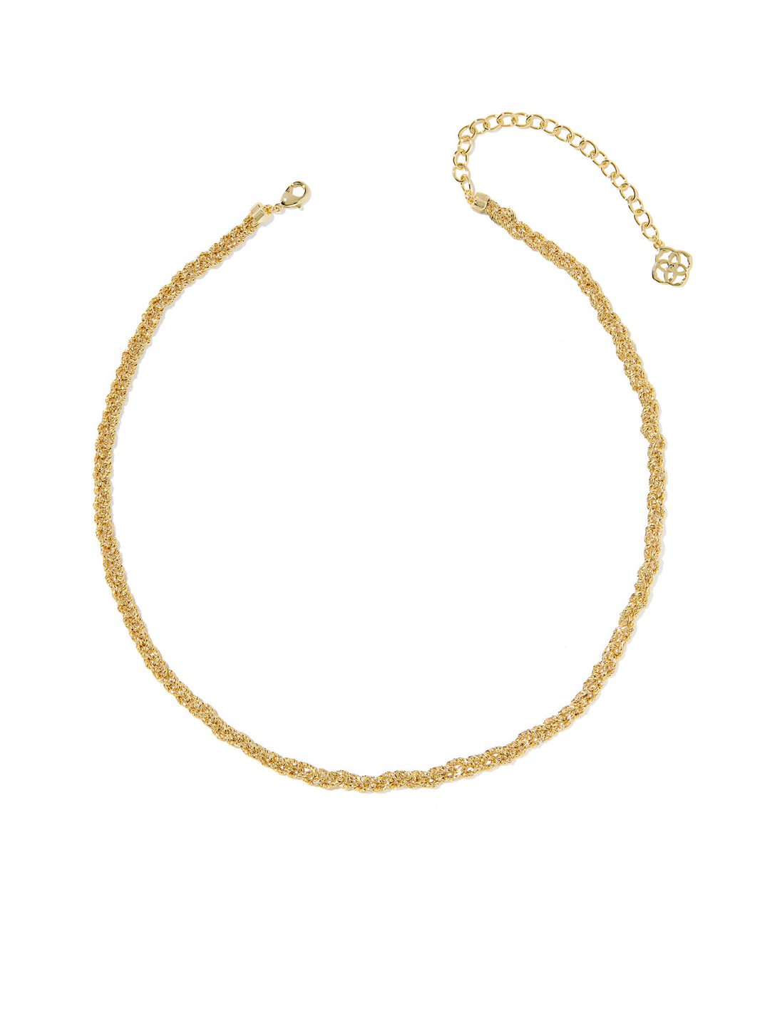 A delicate gold chain necklace with a textured, rope-like link pattern, featuring a lobster clasp on one end and an adjustable extension chain with a small decorative charm on the other, displayed on a clean white background.