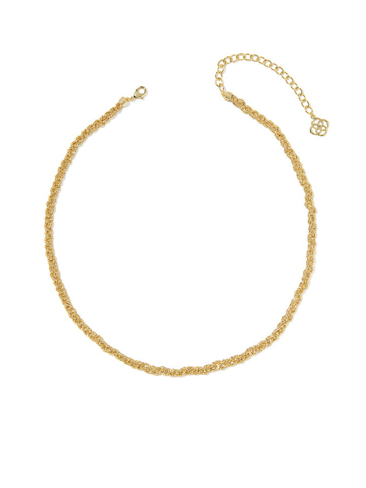 A delicate gold chain necklace with a textured, rope-like link pattern, featuring a lobster clasp on one end and an adjustable extension chain with a small decorative charm on the other, displayed on a clean white background.