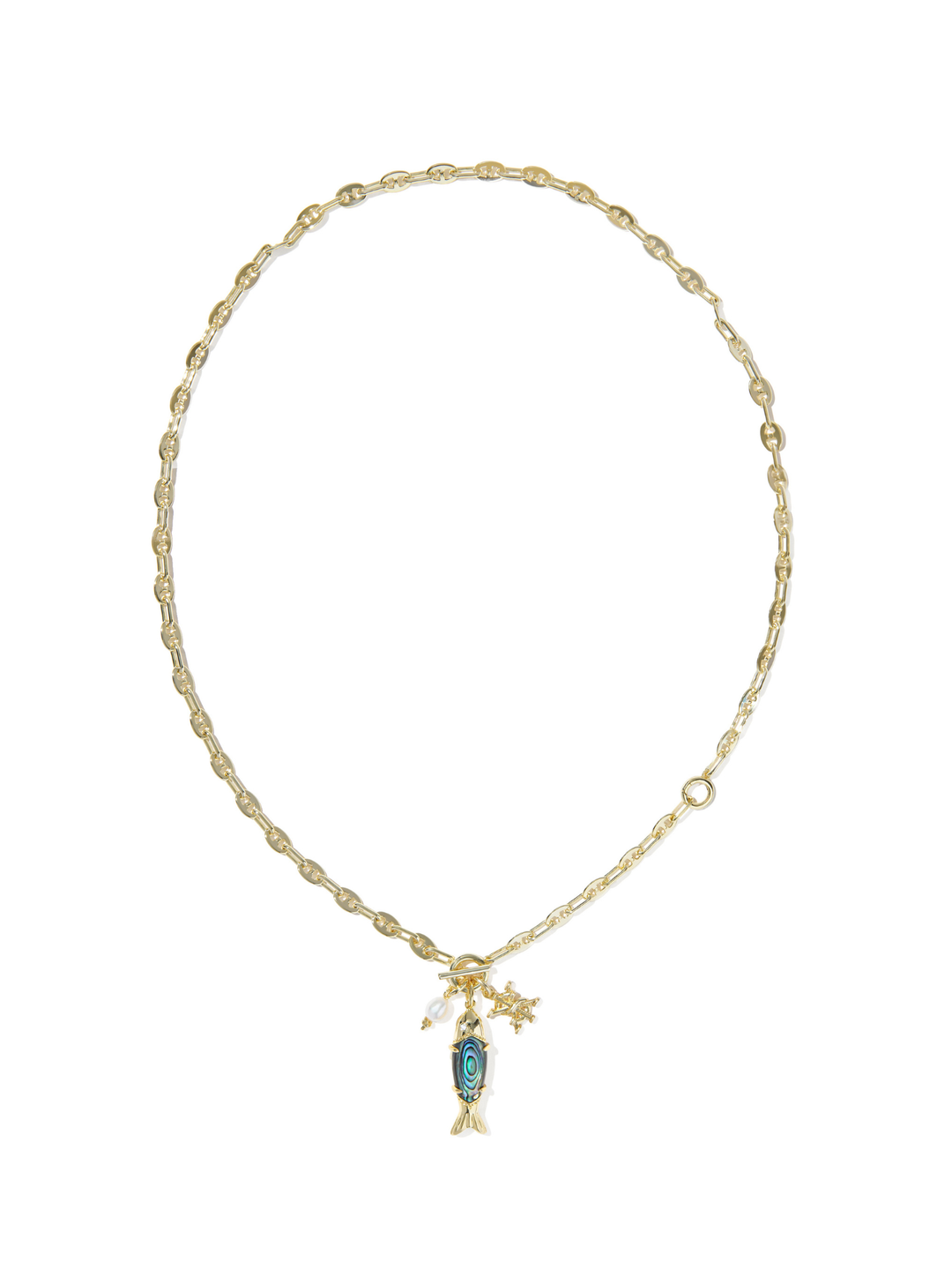A delicate gold chain necklace featuring a small fish pendant with a blue-green stone and a small star charm, displayed on a clean white background.