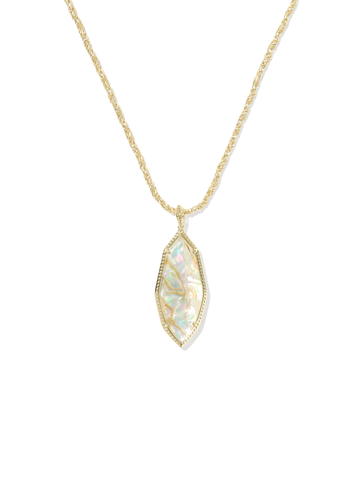 A delicate gold chain necklace featuring a teardrop-shaped pendant with an iridescent white opal inlay surrounded by a textured gold border, set against a plain white background.
