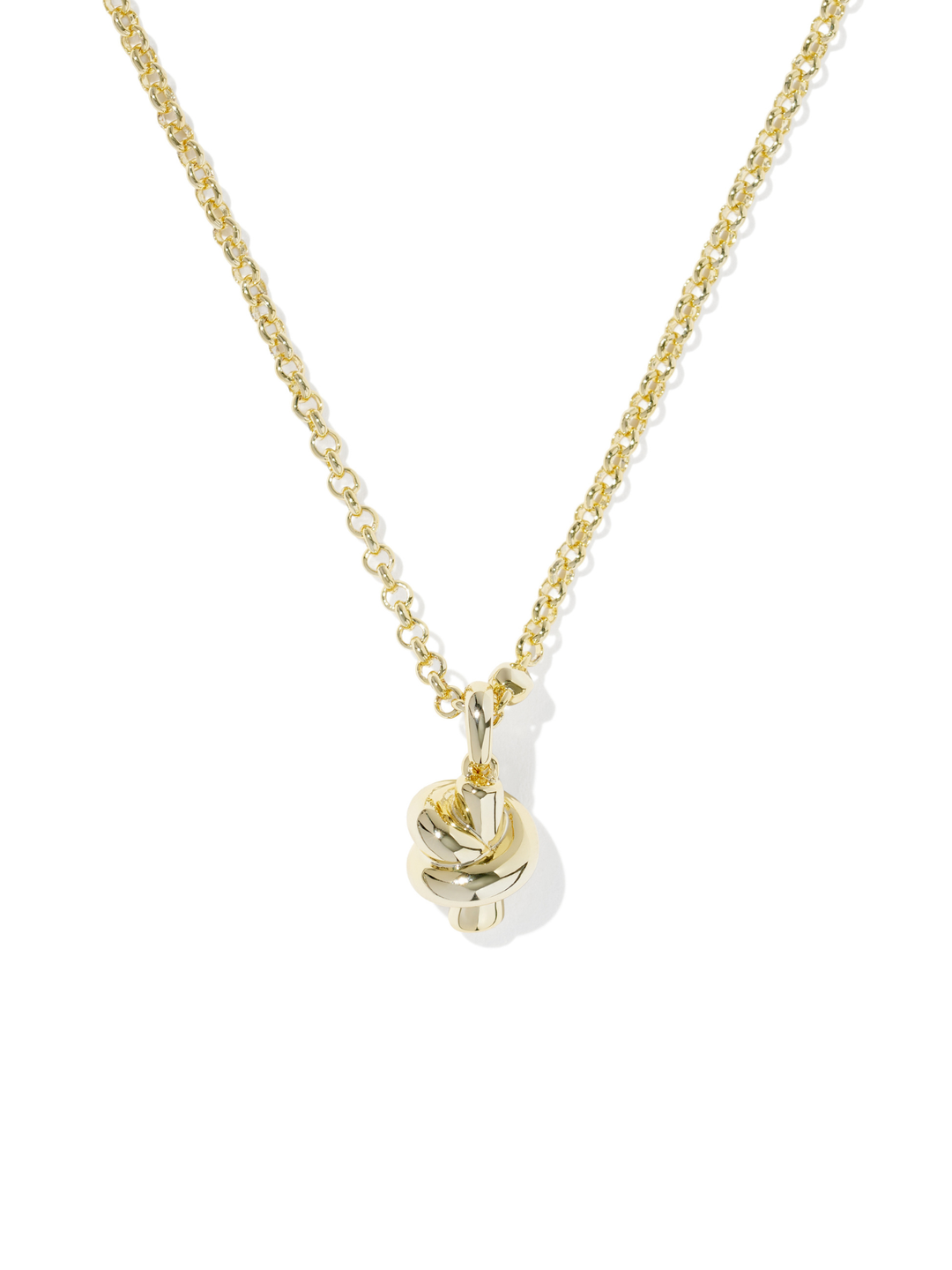 A delicate gold chain necklace featuring a small, polished gold knot pendant, displayed against a clean white background with a soft shadow.