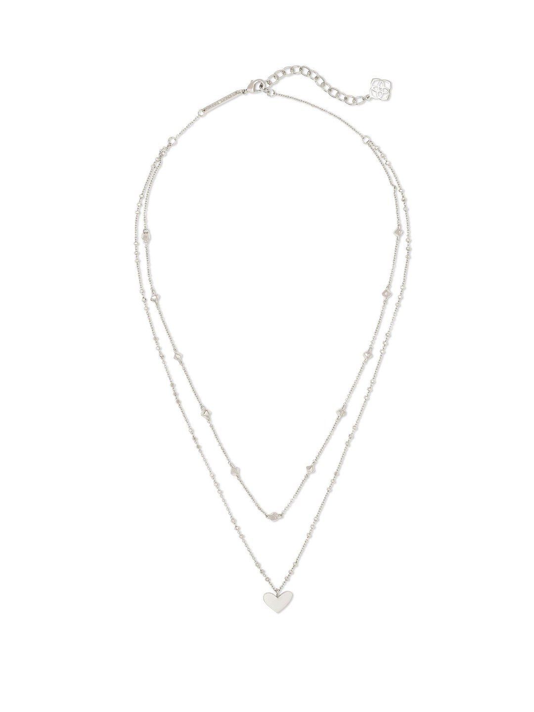 A delicate silver double-strand necklace with a small heart-shaped pendant, displayed on a clean white background.