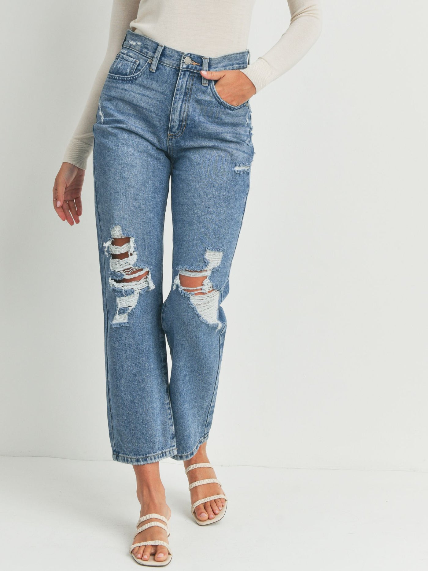 distressed medium wash denim