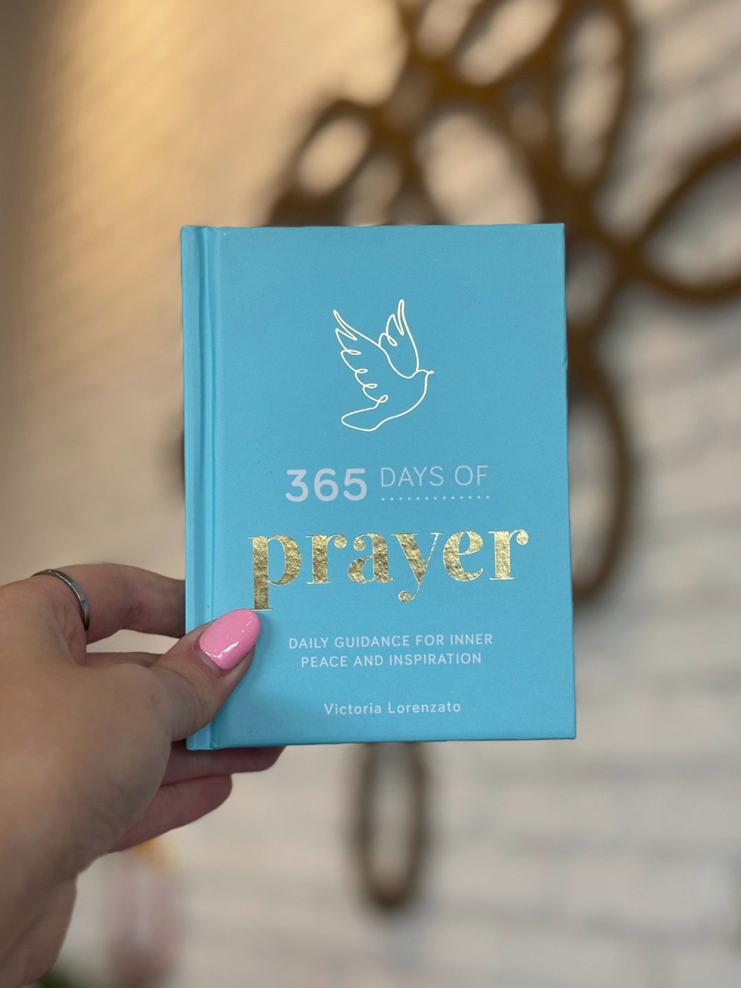 A hand with pink nail polish holds a light blue hardcover book titled &