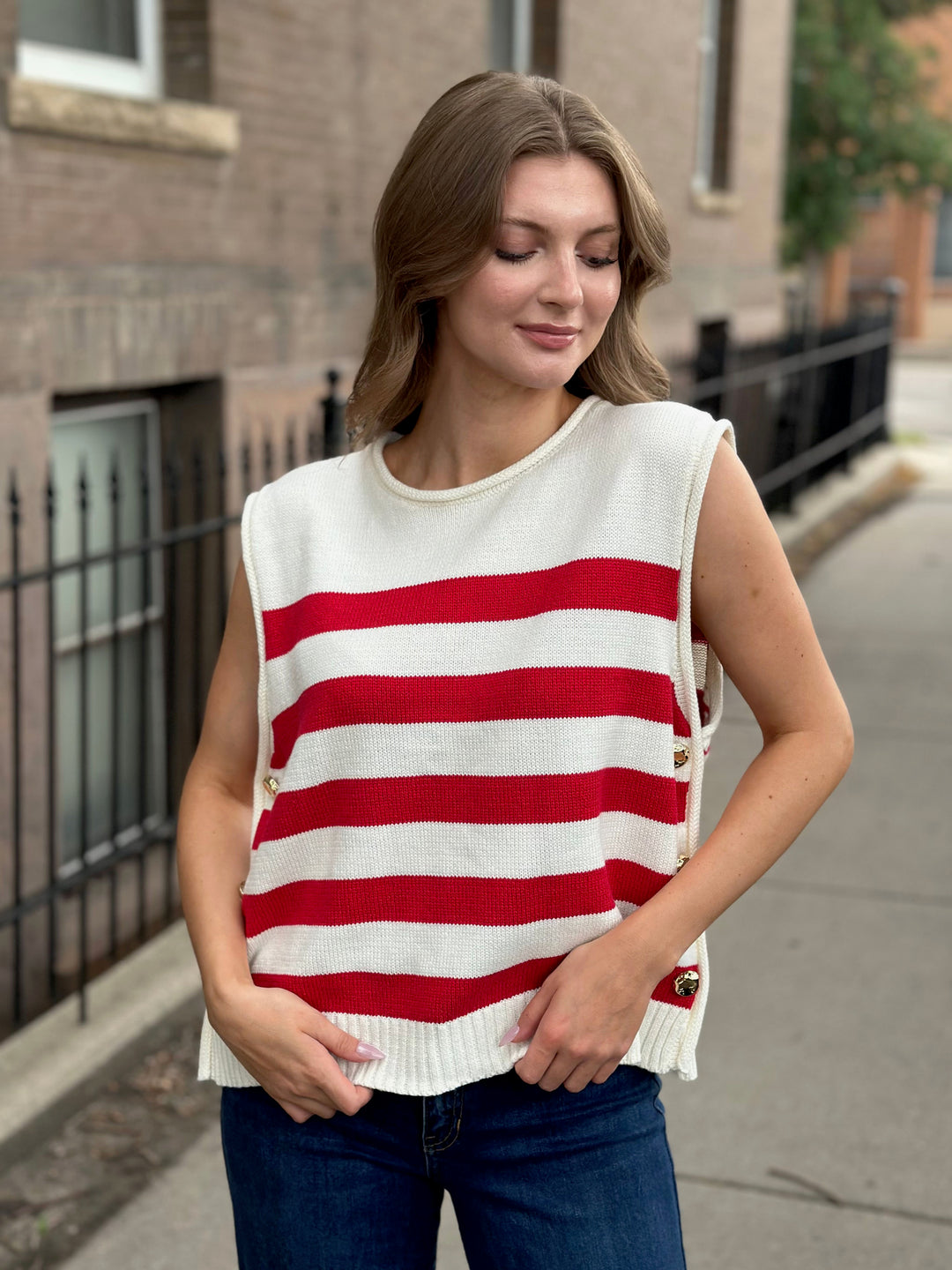 Sleeveless Stripe Side Gold Button Sweater