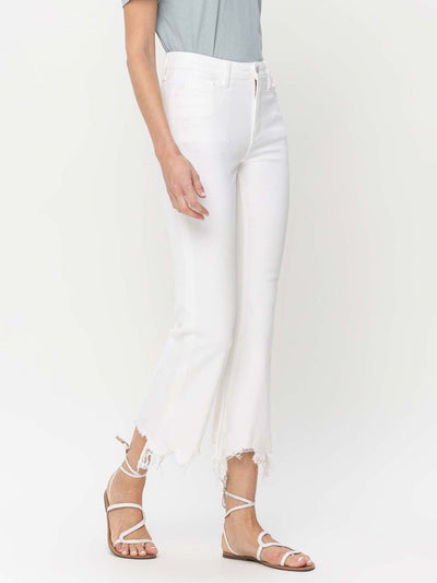cropped flare destructed denim
