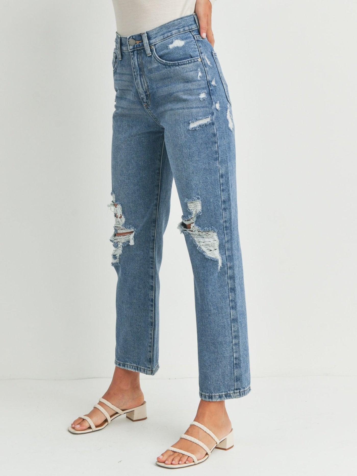 high rise distressed relaxed denim
