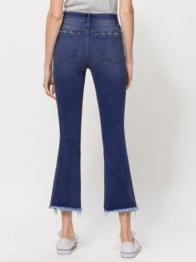 high rise dark flare denim