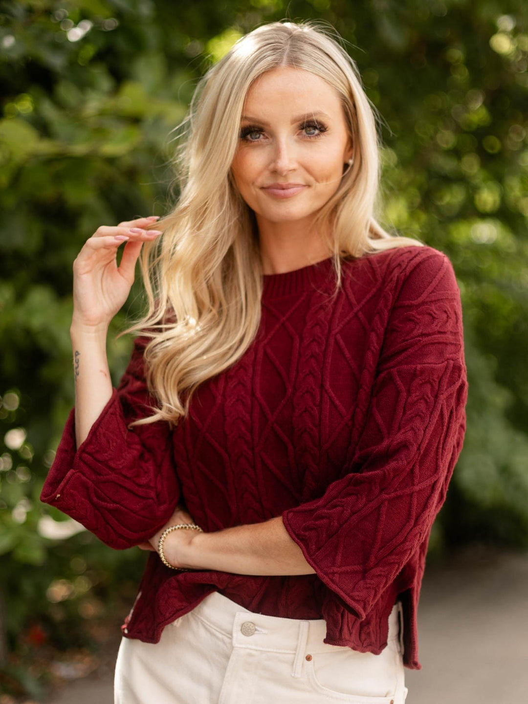 3/4 Sleeve Cable Sweater Top