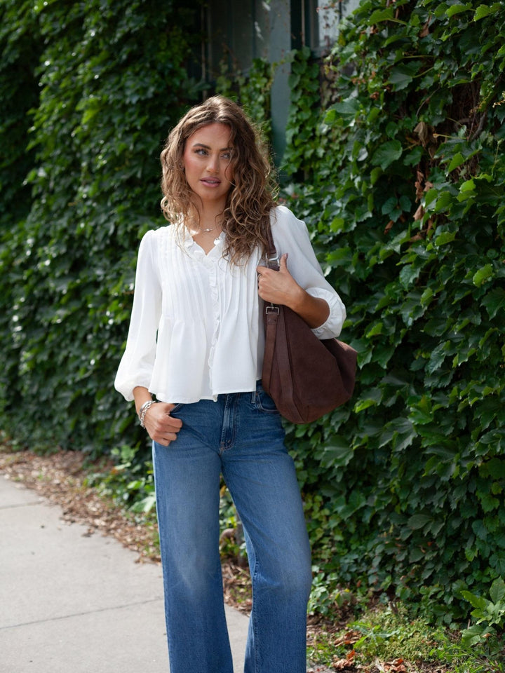 3/4 Sleeve Ruffle Trim Pintuck Detail Blouse