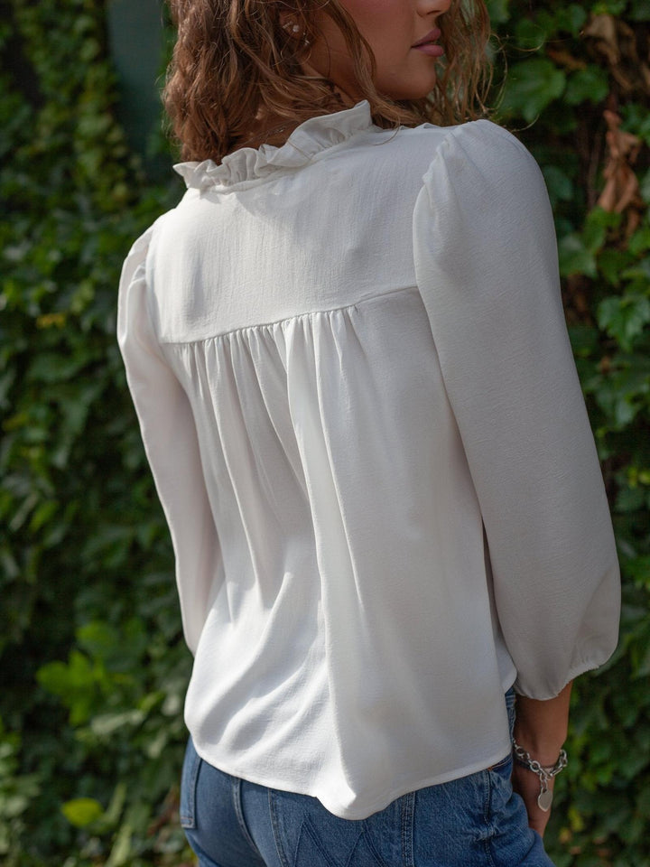 3/4 Sleeve Ruffle Trim Pintuck Detail Blouse