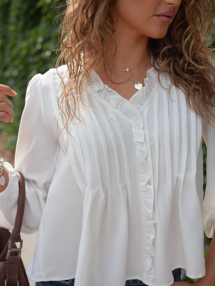 3/4 Sleeve Ruffle Trim Pintuck Detail Blouse