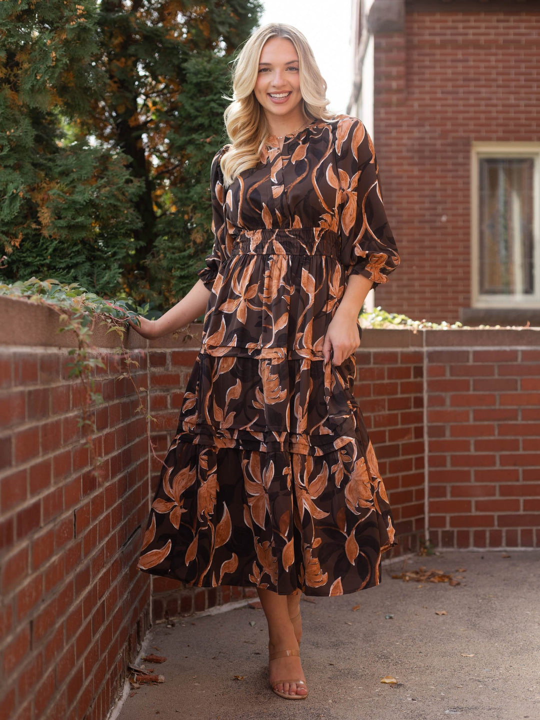 3/4 Sleeve Tiered Floral Midi Dress