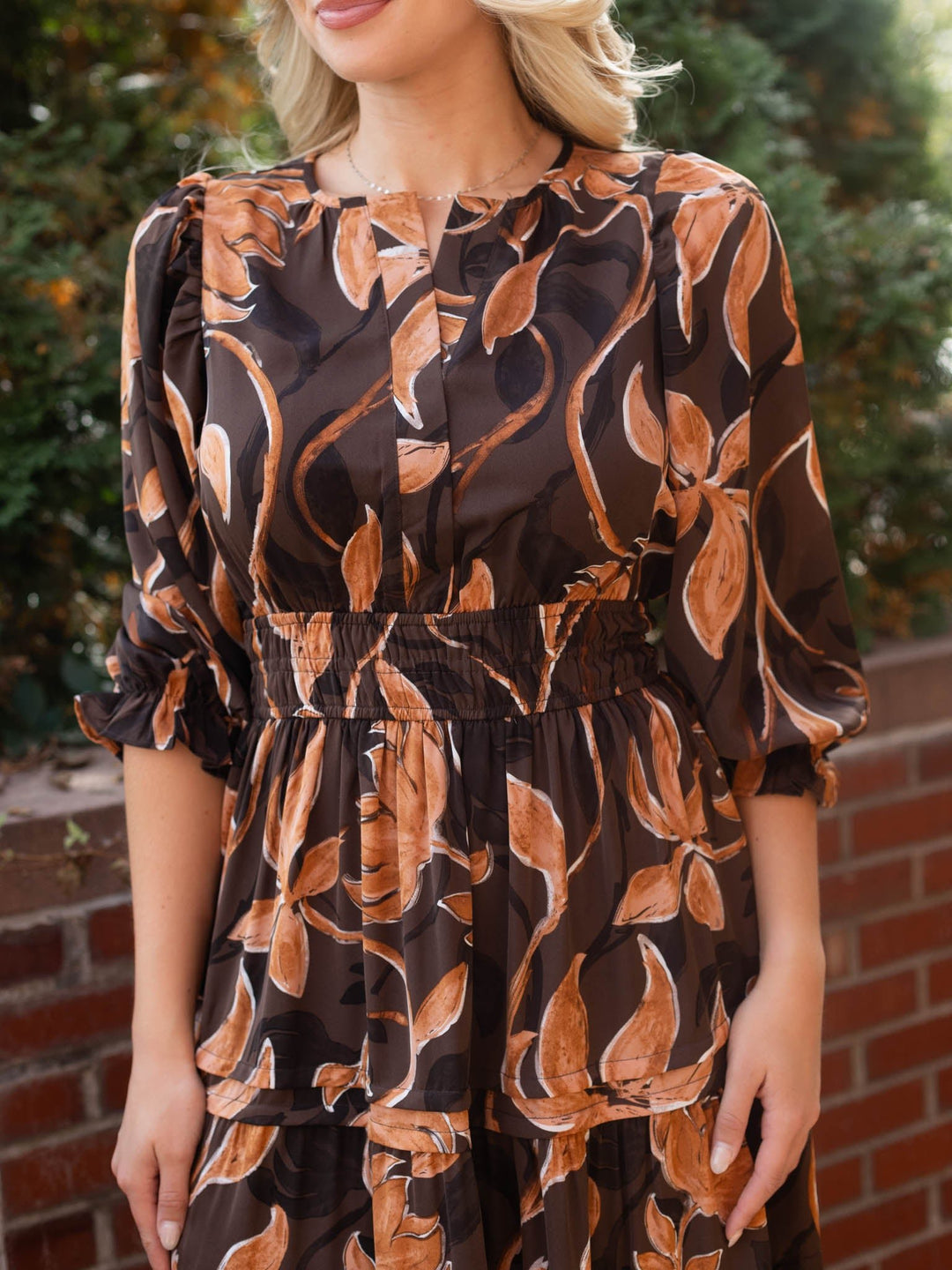 3/4 Sleeve Tiered Floral Midi Dress