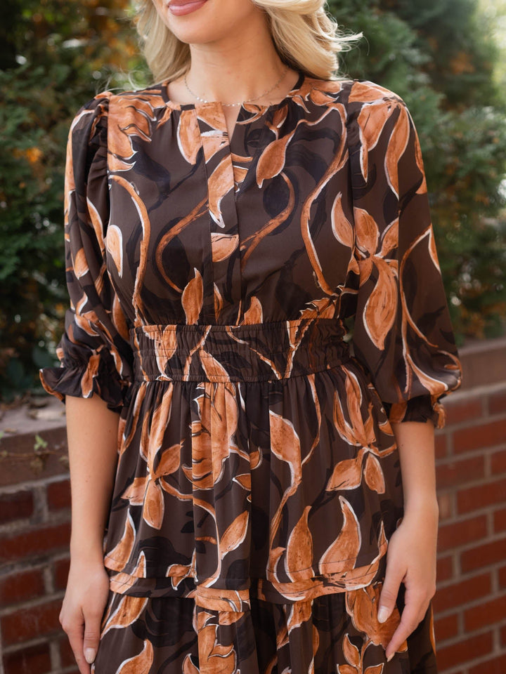 3/4 Sleeve Tiered Floral Midi Dress