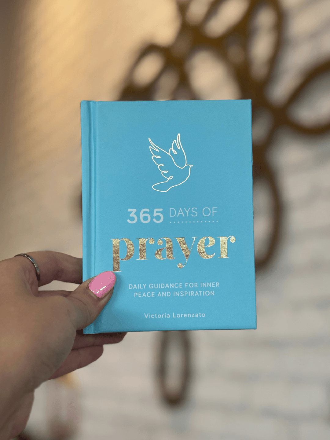A hand with pink nail polish holds a light blue hardcover book titled &