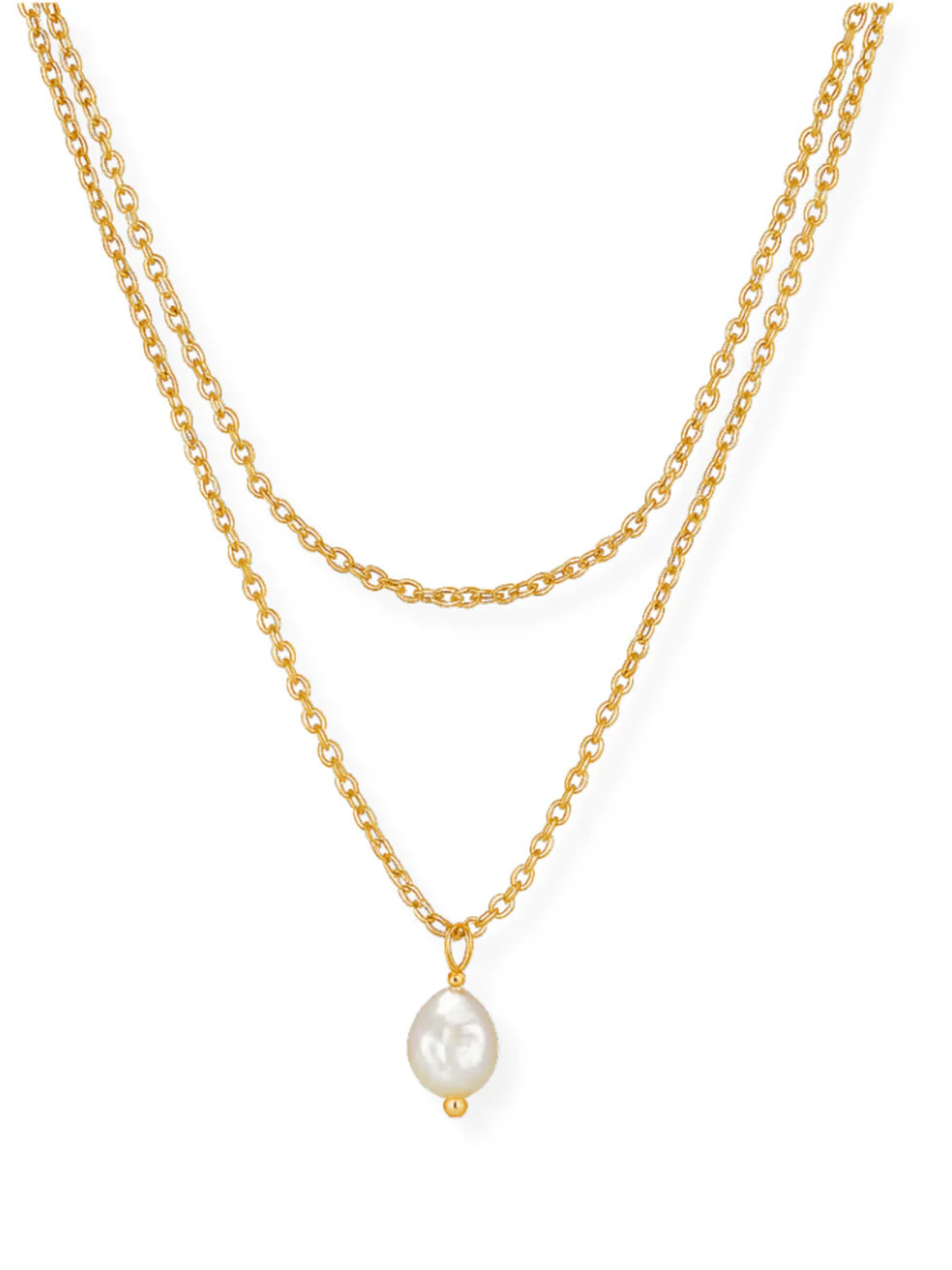 Gold chain necklace with a pearl pendant on a white background