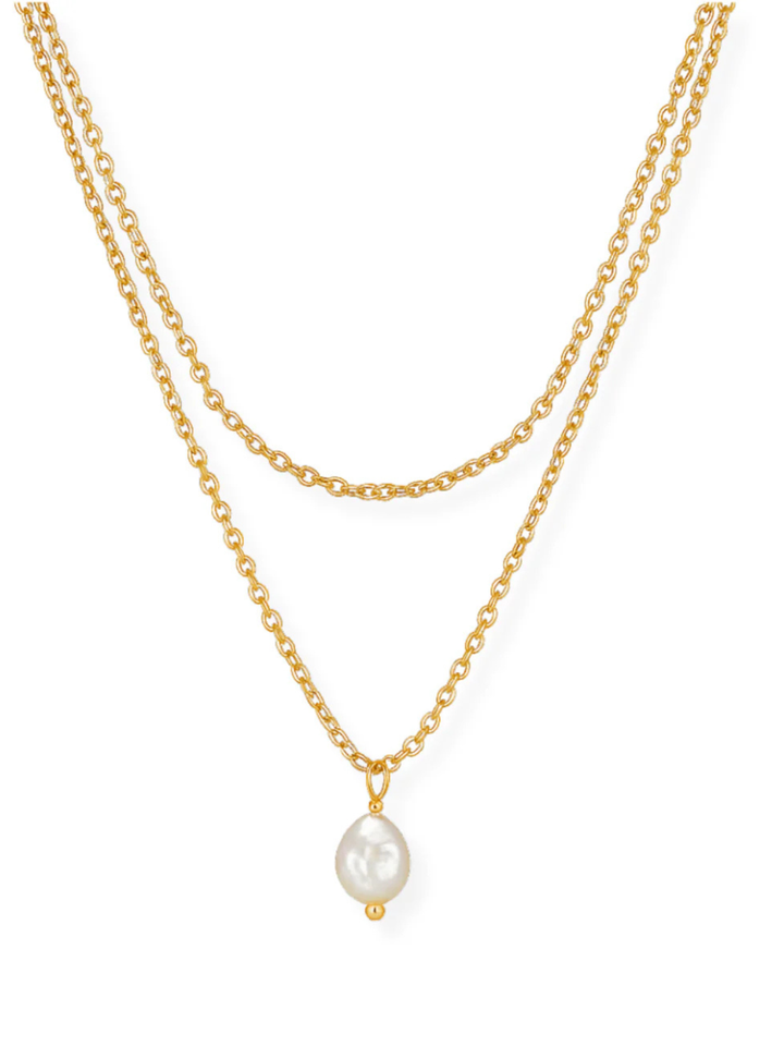 Gold chain necklace with a pearl pendant on a white background