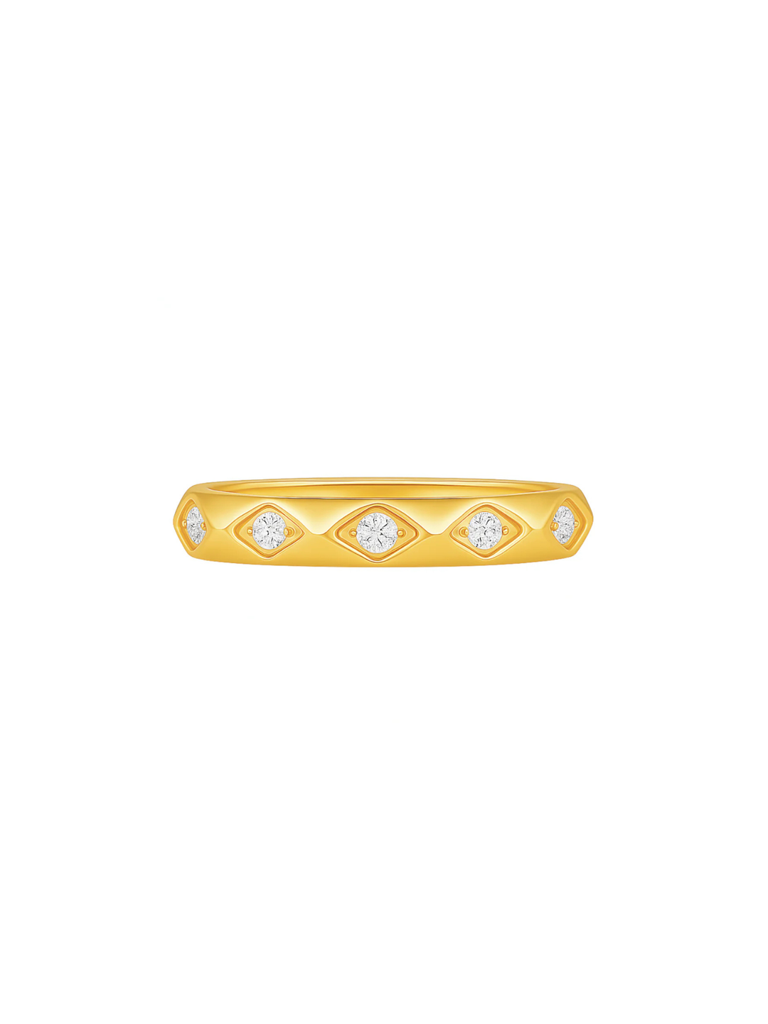 Gold ring with diamond accents on a white background