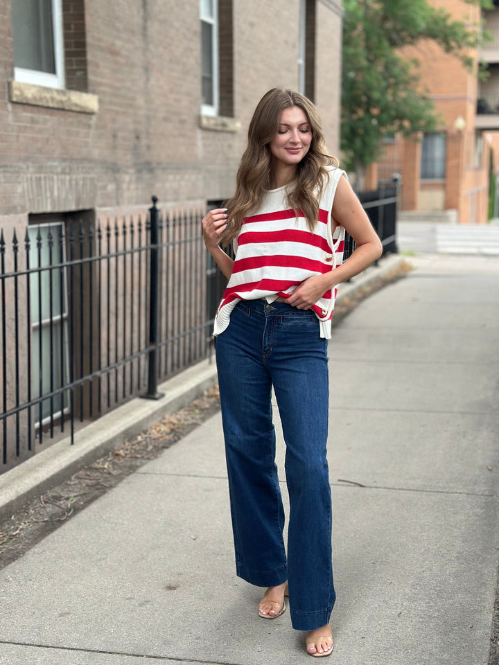 Sleeveless Stripe Side Gold Button Sweater