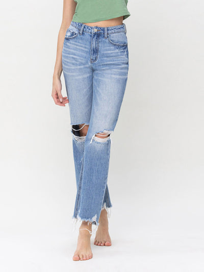 high rise distressed flare denim