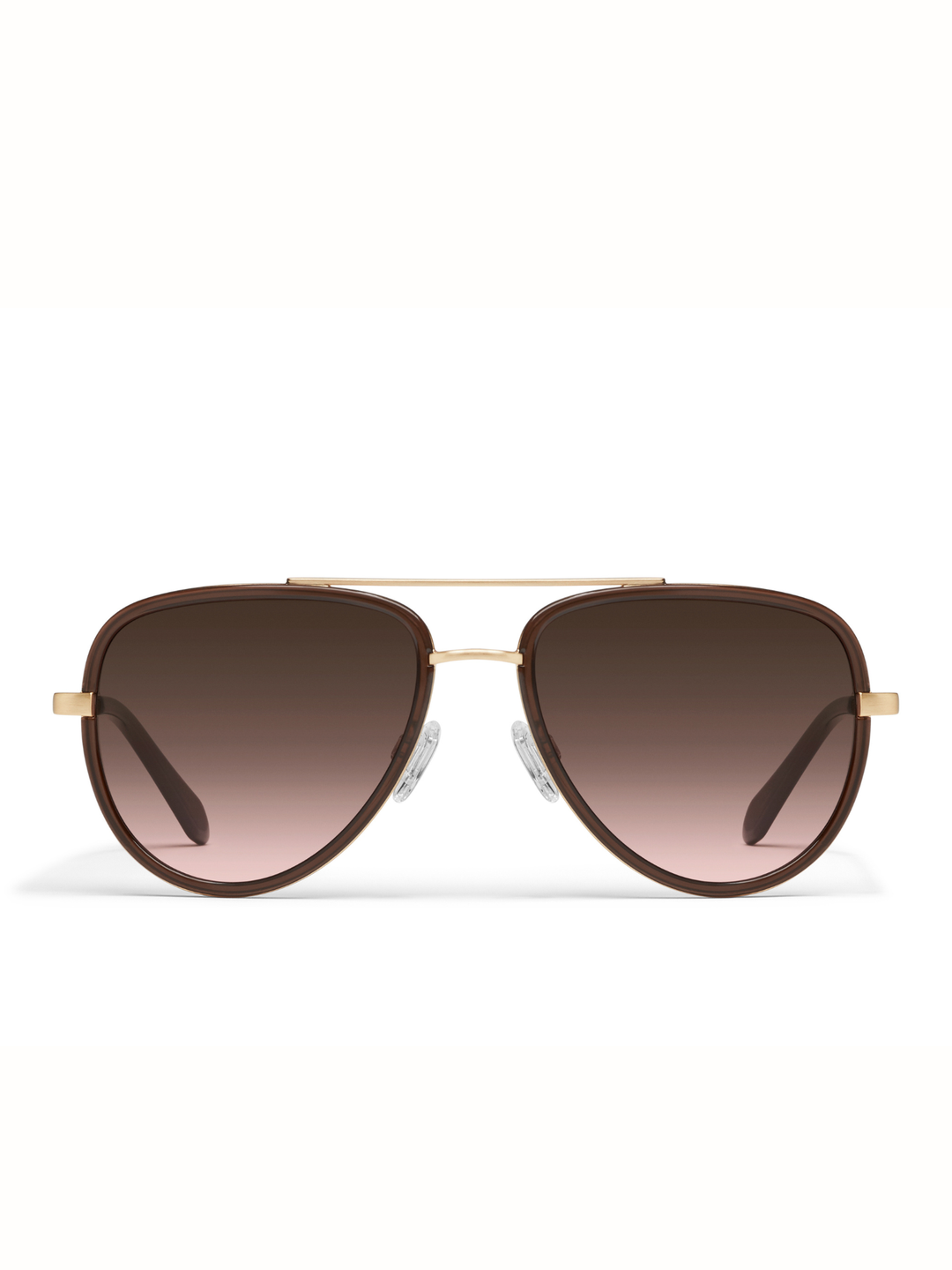 A pair of aviator sunglasses with a brown gradient lens, gold metal frame, and gold double bridge, shown against a plain white background.