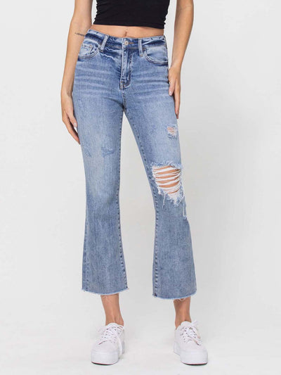 shredded knee flare denim