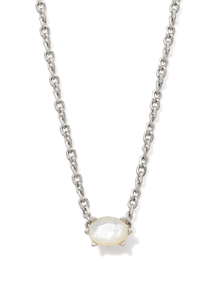 A silver chain necklace with an oval-shaped, milky white cabochon gemstone pendant, displayed on a clean white background.