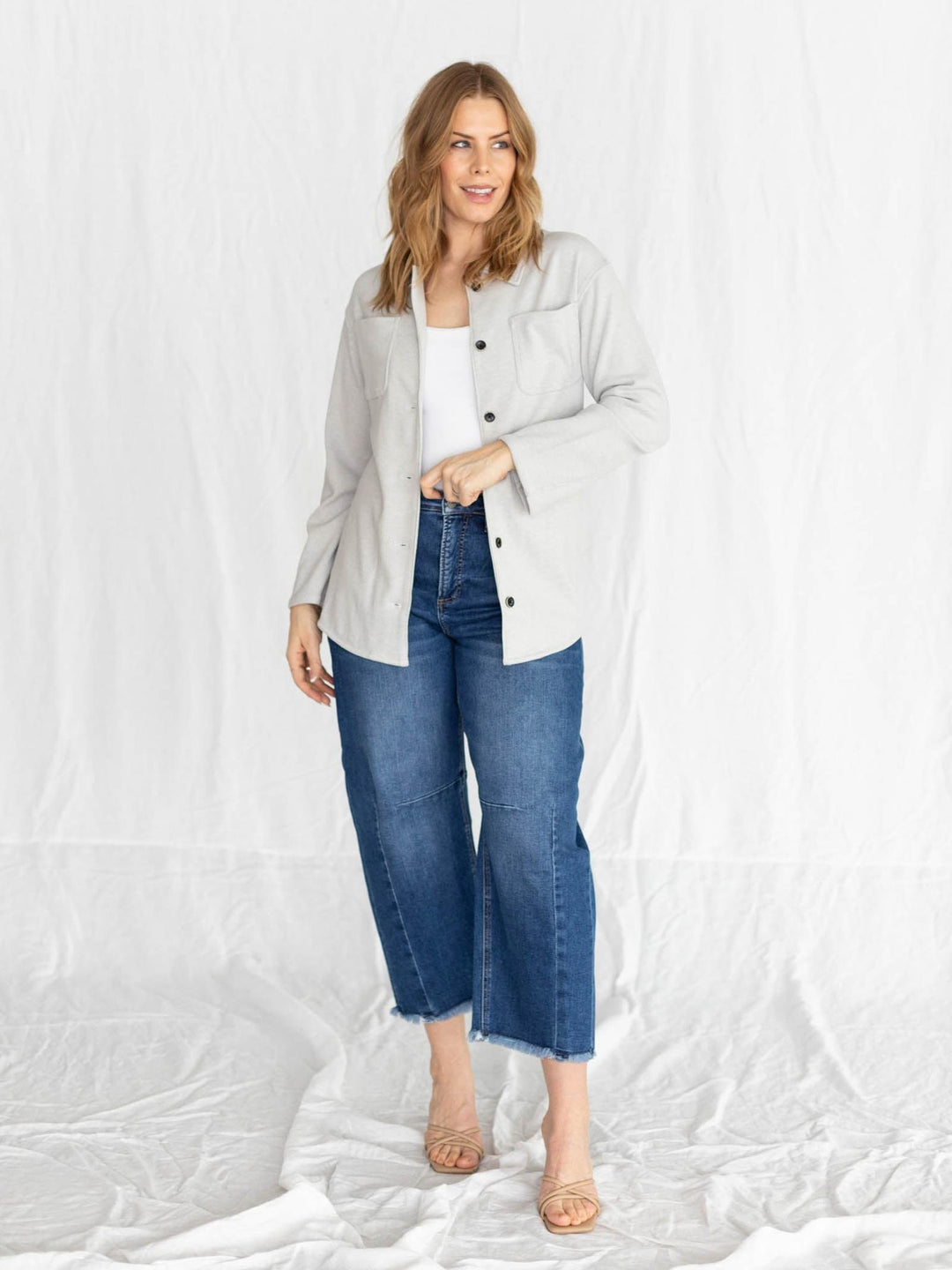 soft ribbed grey button up shacket