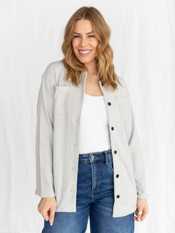 soft ribbed grey button up shacket