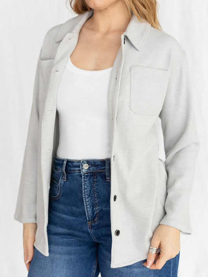 soft ribbed grey button up shacket