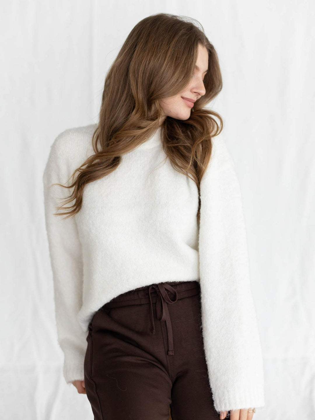 white crew neck fuzzy sweater