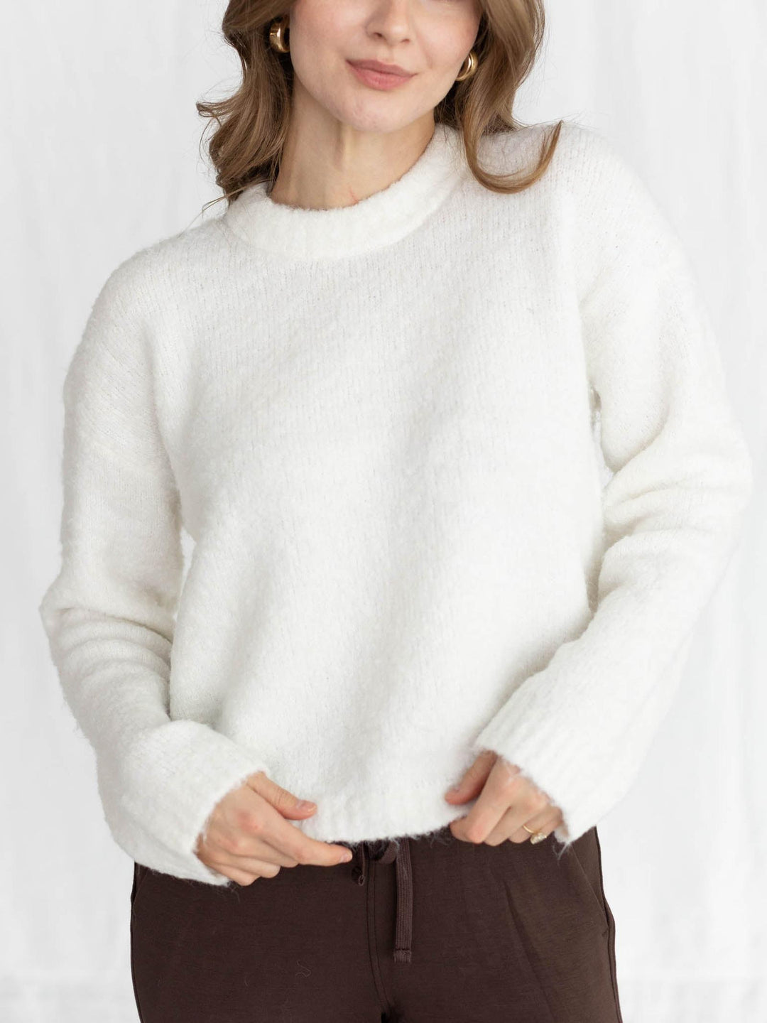 white crew neck fuzzy sweater