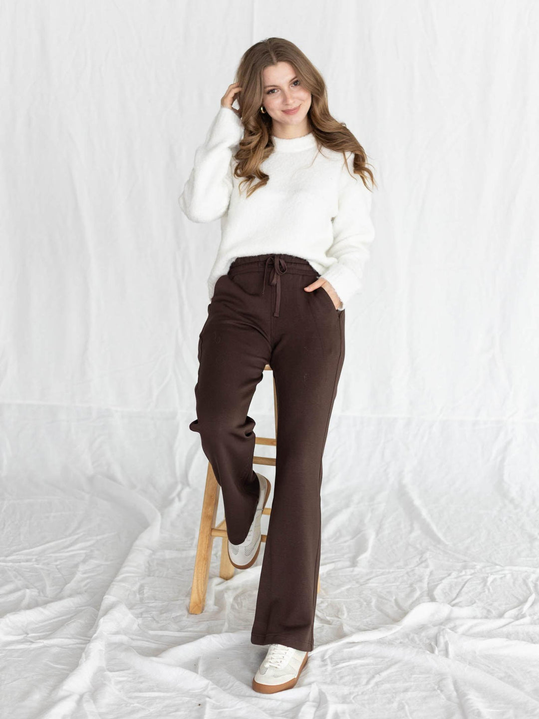 white crew neck fuzzy sweater