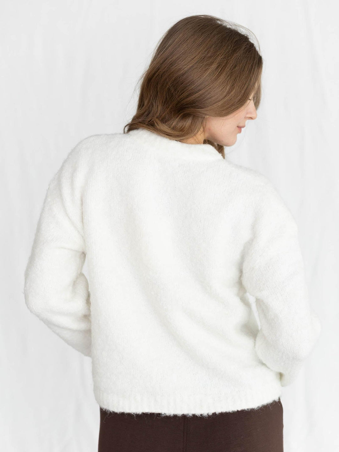 white crew neck fuzzy sweater