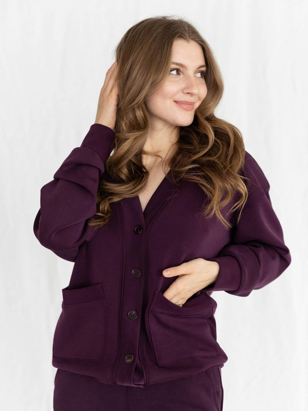 purple long button down cardigan