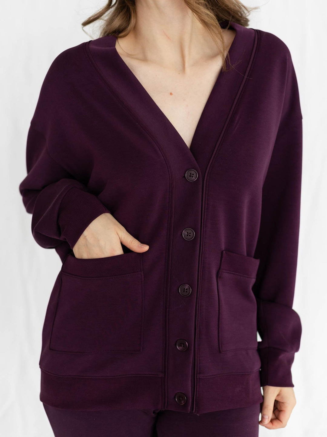 purple long button down cardigan