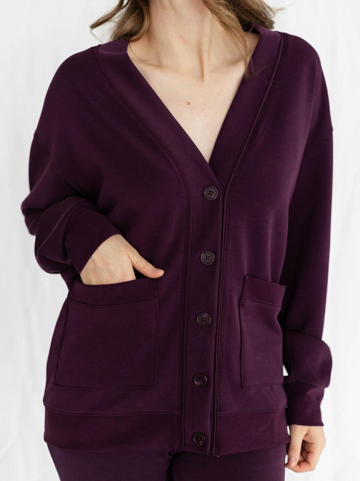purple long button down cardigan