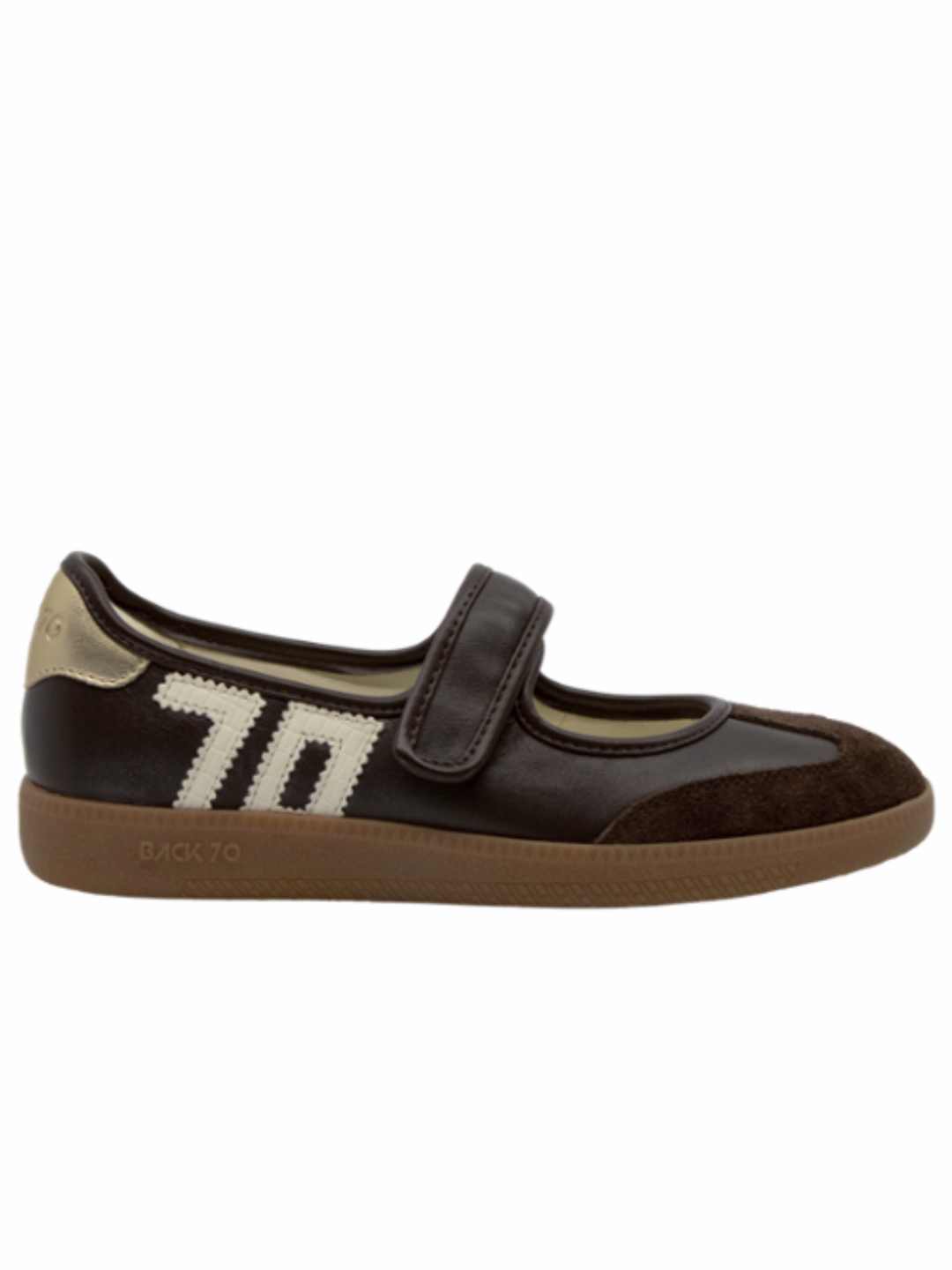 A dark brown leather and suede Mary Jane shoe with a hook-and-loop strap, a cream-colored woven &