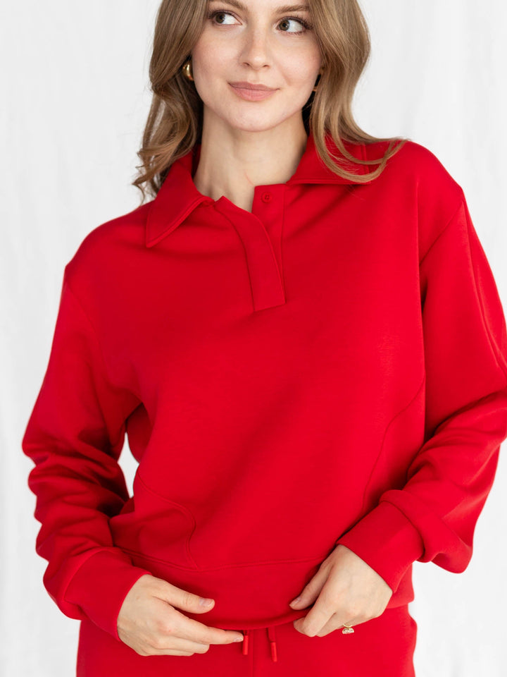 red collared sweatshirt