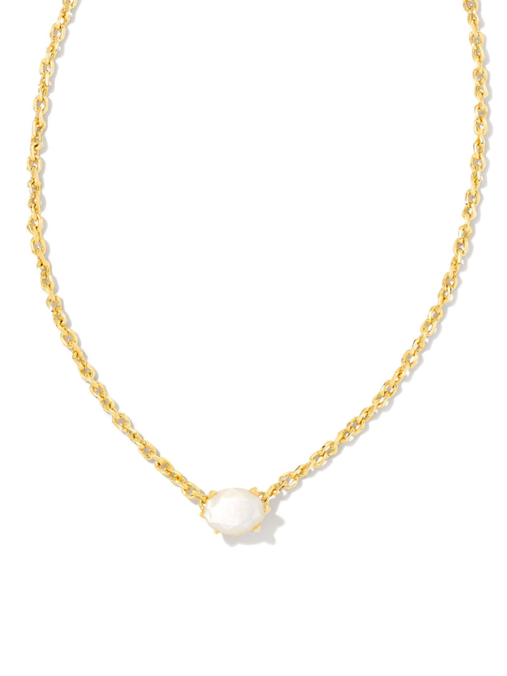 A delicate gold chain necklace featuring a small, bezel-set white pearl pendant, displayed on a clean white background.