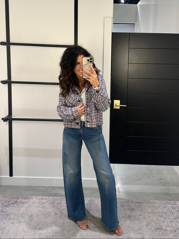 tweed cropped blazer with medium straight denim